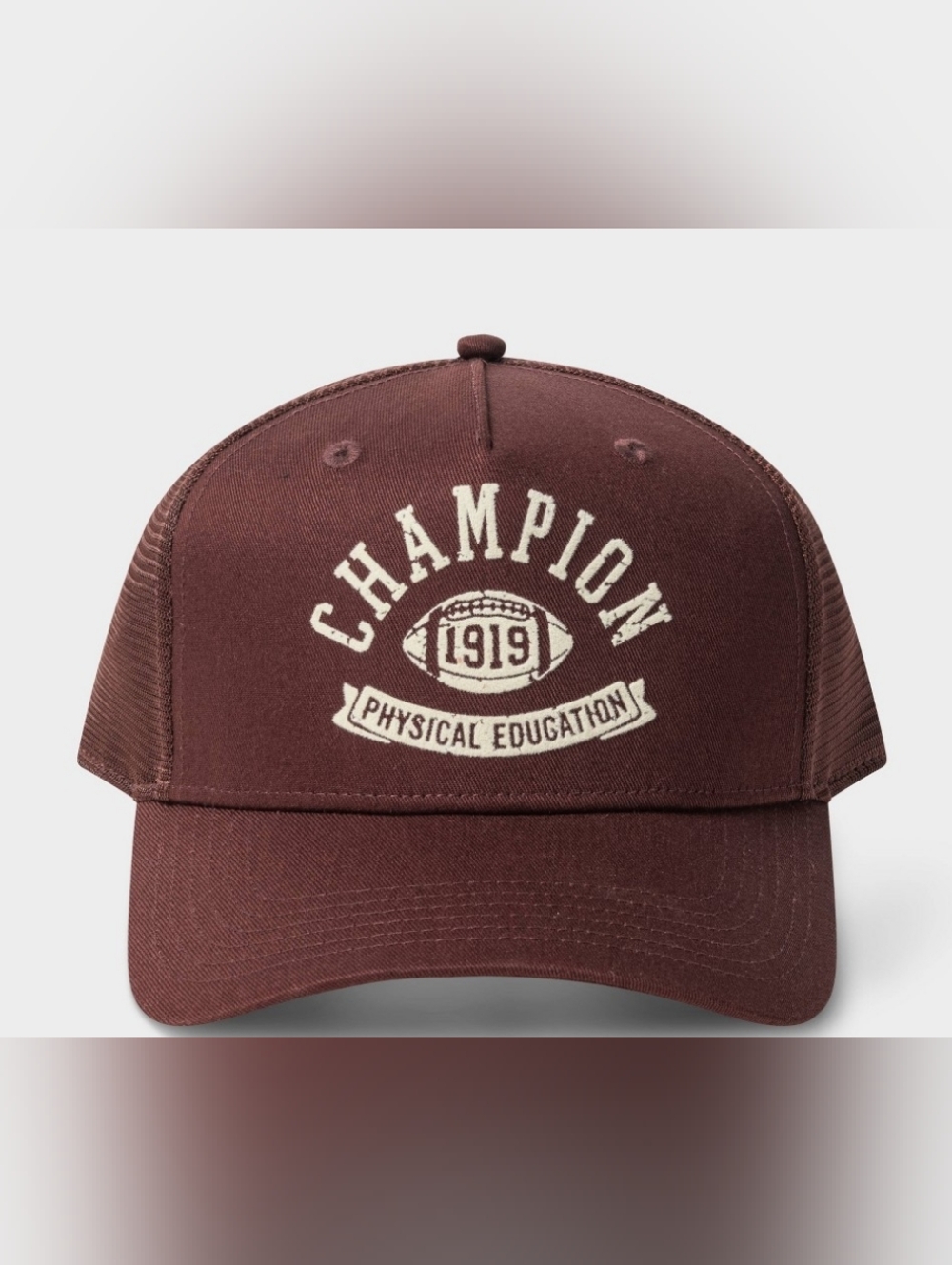 Champion Maroon Trucker Hat with Cream Graphic